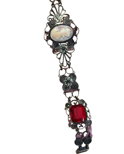 Antique late 1800s filagree Cantile Shell cameo red paste glass silver bracelet