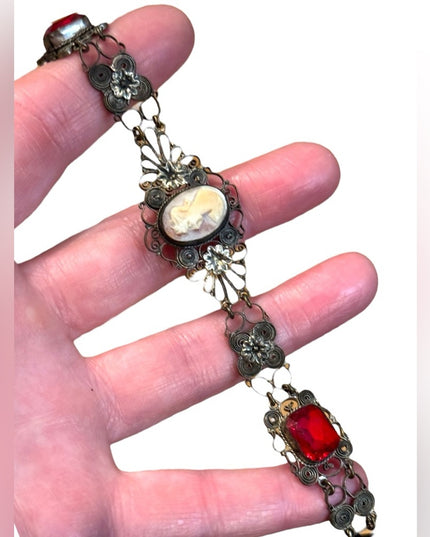 Antique late 1800s filagree Cantile Shell cameo red paste glass silver bracelet