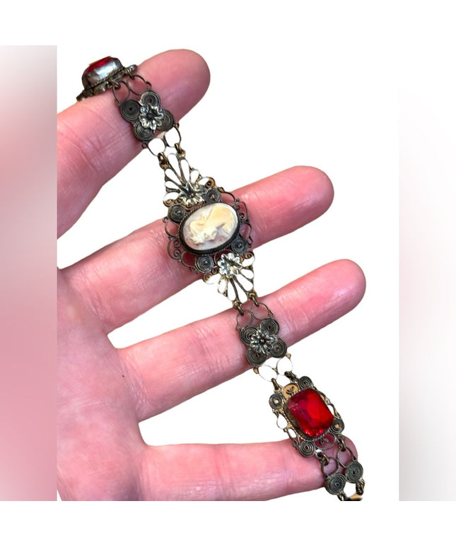 Antique late 1800s filagree Cantile Shell cameo red paste glass silver bracelet