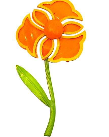 Vintage Orange & Yellow Enamel metal 1970s Flower Brooch