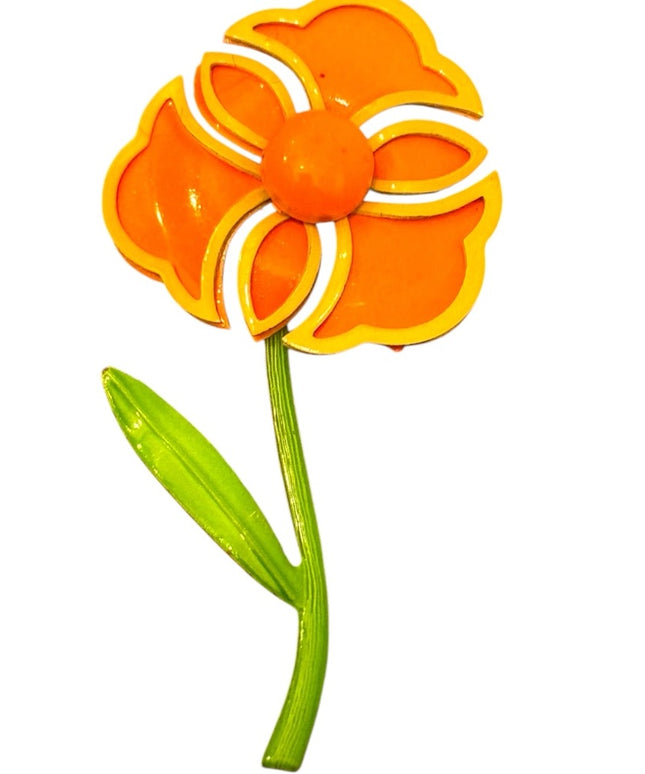 Vintage Orange & Yellow Enamel metal 1970s Flower Brooch
