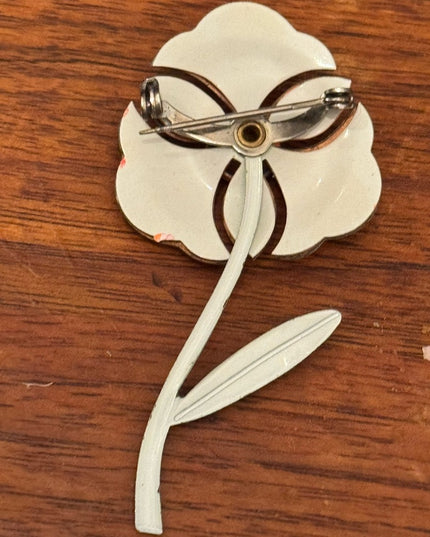 Vintage Orange & Yellow Enamel metal 1970s Flower Brooch