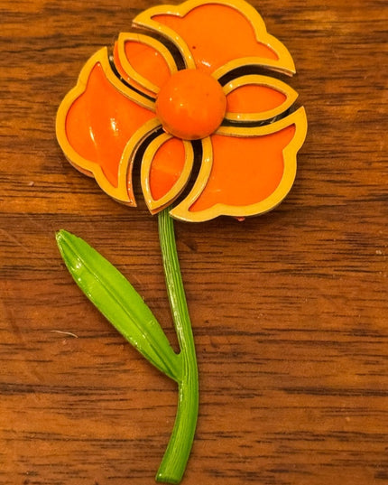 Vintage Orange & Yellow Enamel metal 1970s Flower Brooch