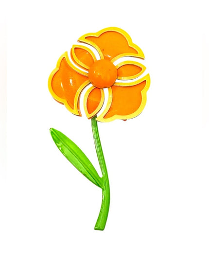 Vintage Orange & Yellow Enamel metal 1970s Flower Brooch