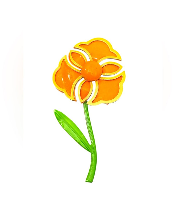 Vintage Orange & Yellow Enamel metal 1970s Flower Brooch