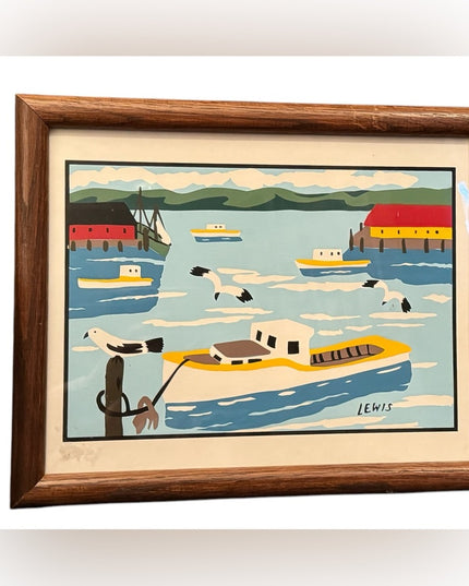 RARE Maud Lewis 1982 Silk-Screeded Print Cape Island Boat Board 16in x 12in.