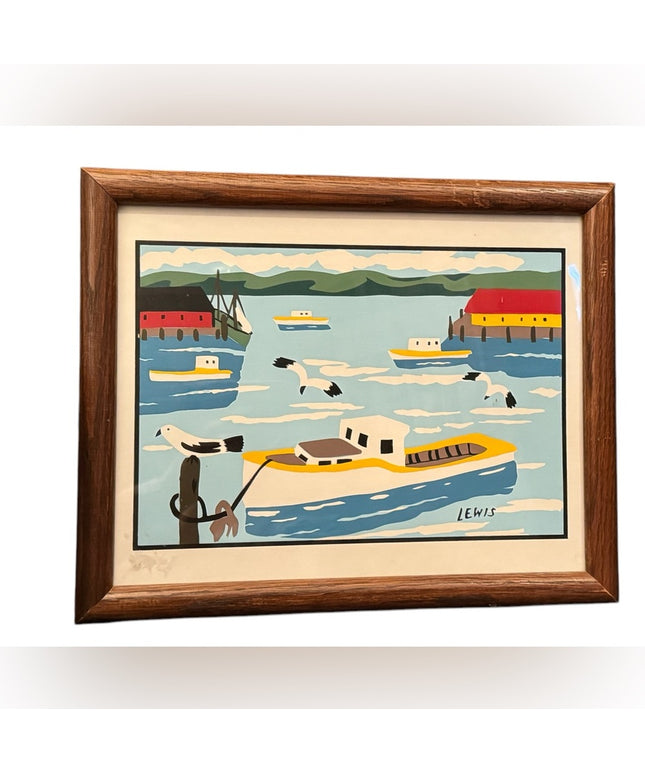 RARE Maud Lewis 1982 Silk-Screeded Print Cape Island Boat Board 16in x 12in.