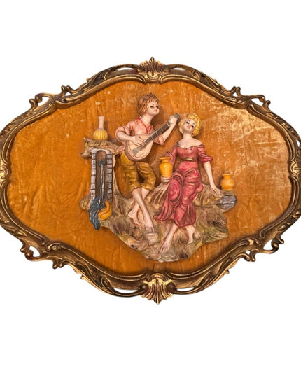 Vintage 3D Empire Figural Art Wall Plaque Ornate Frame Italy Florentine gilt
