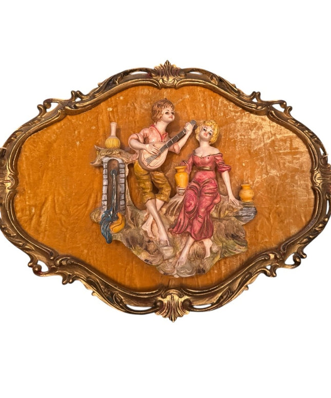 Vintage 3D Empire Figural Art Wall Plaque Ornate Frame Italy Florentine gilt