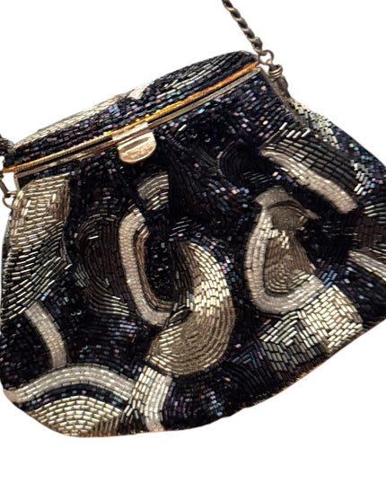 Vintage 1965 Mimi Micro Bead silver blue Metallic Beaded Pouch Evening Bag Purse