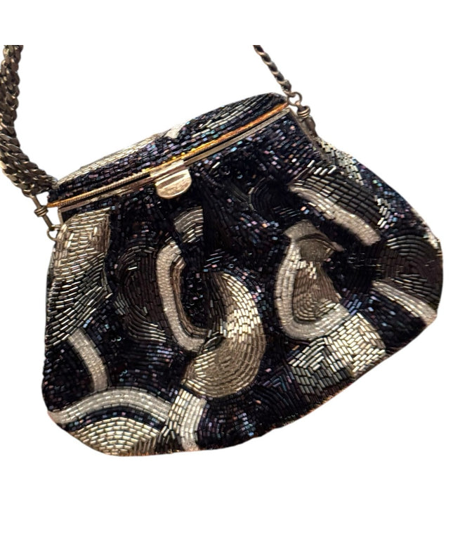 Vintage 1965 Mimi Micro Bead silver blue Metallic Beaded Pouch Evening Bag Purse