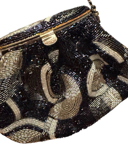 Vintage 1965 Mimi Micro Bead silver blue Metallic Beaded Pouch Evening Bag Purse