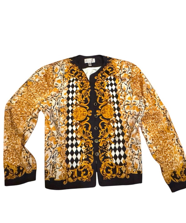 Elegant Adrianna Papell Leopard Print gold & black Silk tapered Jacket Blazer