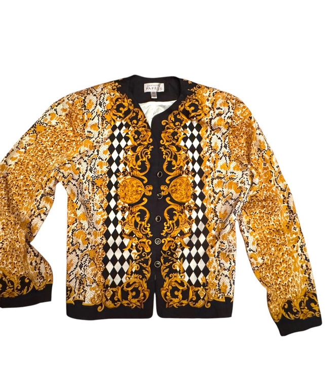 Elegant Adrianna Papell Leopard Print gold & black Silk tapered Jacket Blazer