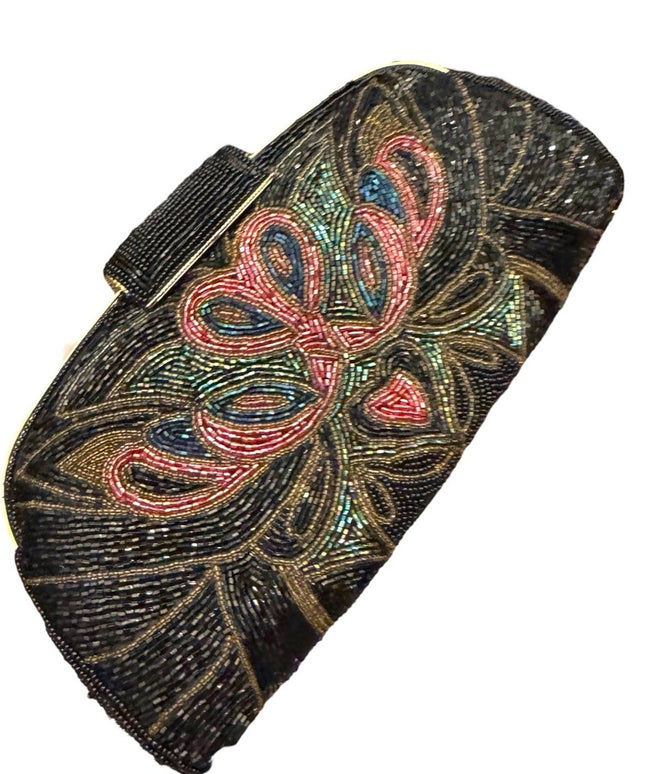 Elegant Vintage Black Mackie inspired colorful Micro Beaded Clutch Shoulder bag