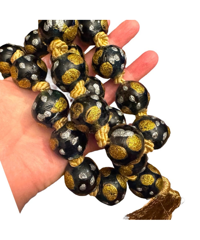 Gold metalic painted Dot Black Beaded Necklace Murano African Trader beads Glass