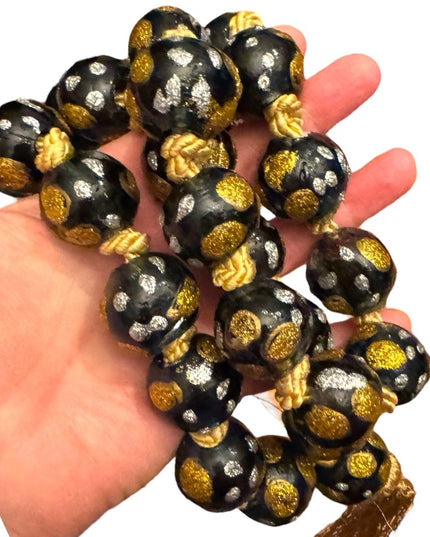 Gold metalic painted Dot Black Beaded Necklace Murano African Trader beads Glass