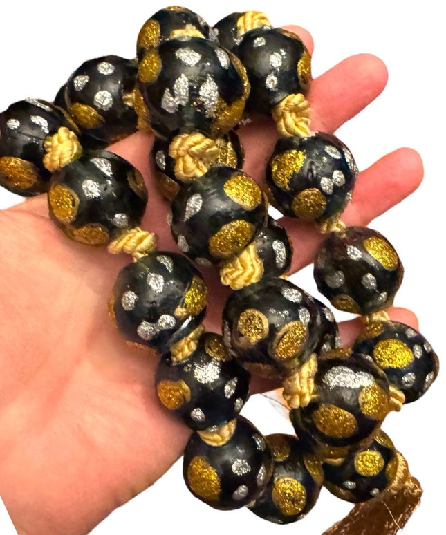 Gold metalic painted Dot Black Beaded Necklace Murano African Trader beads Glass