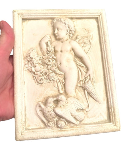 Vintage plaster Cherub & bird Wall Plaque Italy