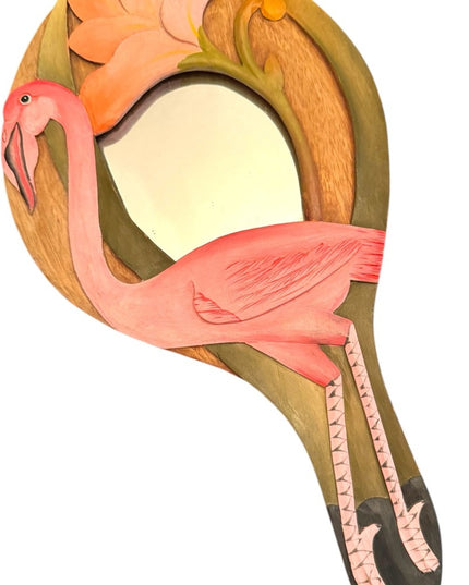 Pink FLAMINGO MIRROR Hand Painted Wooden Carved Jungle Love Artistry Vintage