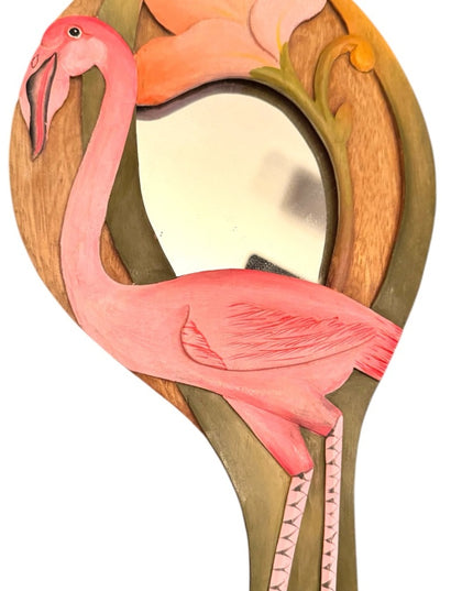 Pink FLAMINGO MIRROR Hand Painted Wooden Carved Jungle Love Artistry Vintage