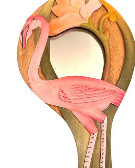 Pink FLAMINGO MIRROR Hand Painted Wooden Carved Jungle Love Artistry Vintage