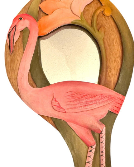 Pink FLAMINGO MIRROR Hand Painted Wooden Carved Jungle Love Artistry Vintage