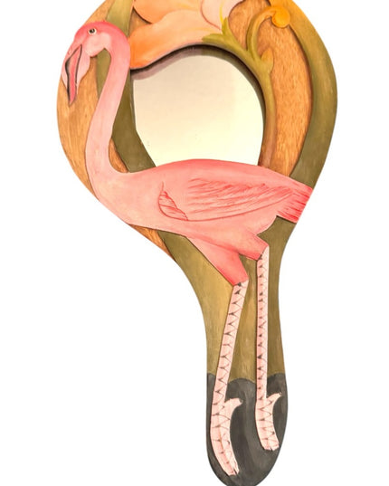 Pink FLAMINGO MIRROR Hand Painted Wooden Carved Jungle Love Artistry Vintage