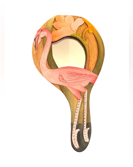 Pink FLAMINGO MIRROR Hand Painted Wooden Carved Jungle Love Artistry Vintage