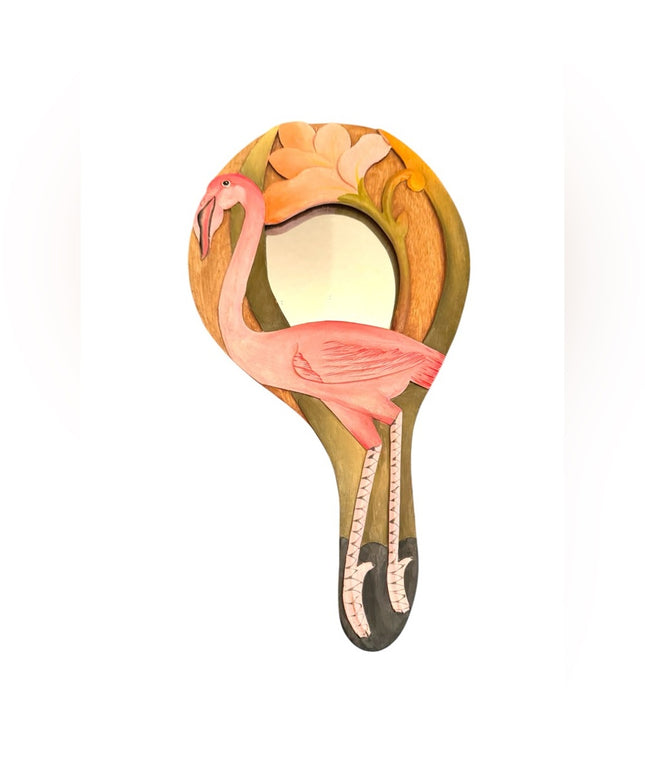 Pink FLAMINGO MIRROR Hand Painted Wooden Carved Jungle Love Artistry Vintage