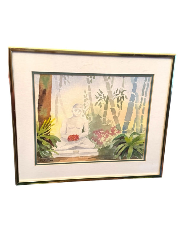 Serene Vintage Buddah Meditation Art Watercolor painting Signed Gold metal Frame