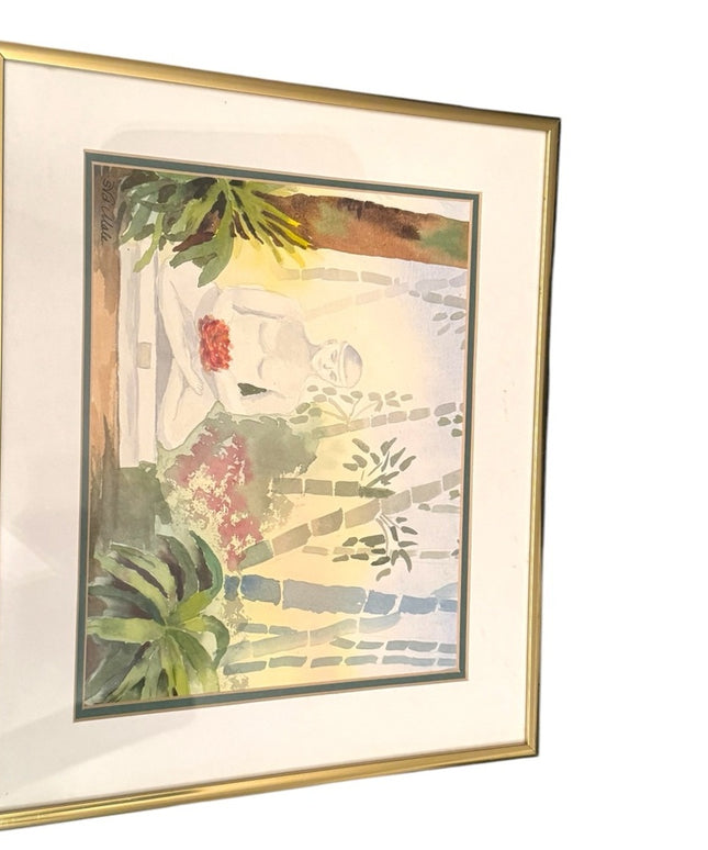 Serene Vintage Buddah Meditation Art Watercolor painting Signed Gold metal Frame