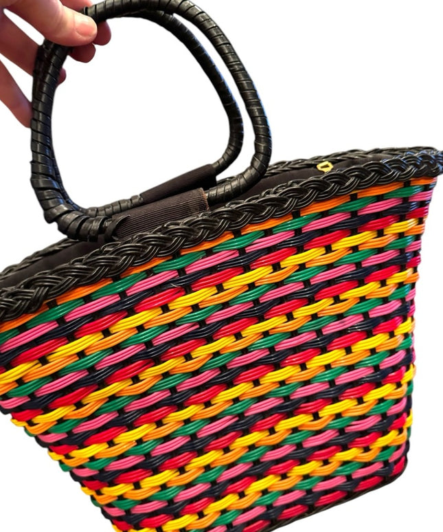 Vintage 1970s Multicolor Woven Tote Shoulder purse Bag Bicycle basket