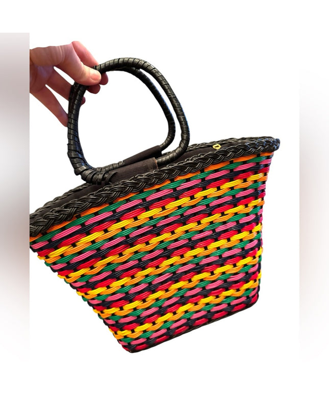 Vintage 1970s Multicolor Woven Tote Shoulder purse Bag Bicycle basket