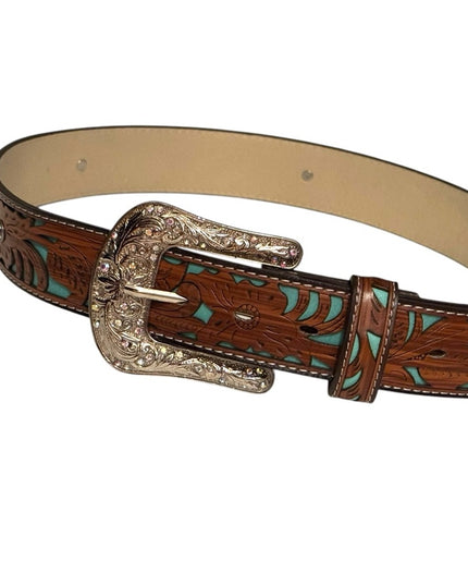 Vintage South Western style fancy floral brown & turquoise design crystal buckle