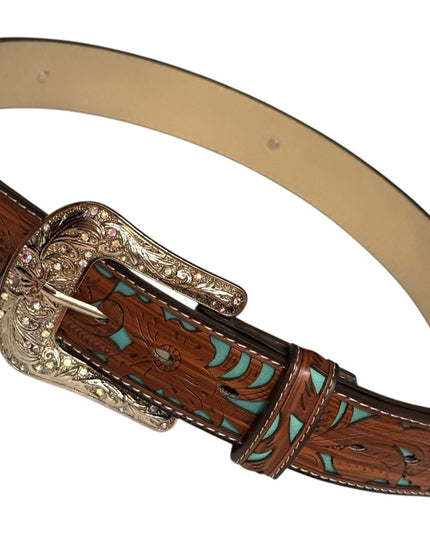 Vintage South Western style fancy floral brown & turquoise design crystal buckle