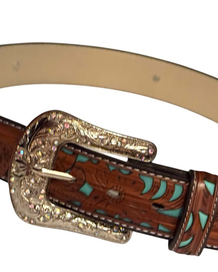 Vintage South Western style fancy floral brown & turquoise design crystal buckle