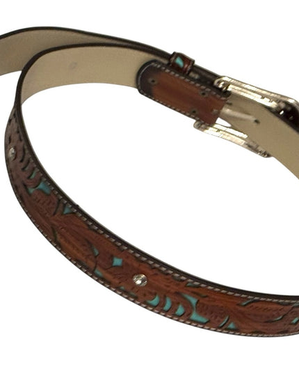 Vintage South Western style fancy floral brown & turquoise design crystal buckle