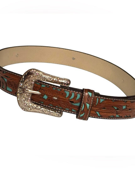 Vintage South Western style fancy floral brown & turquoise design crystal buckle