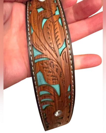 Vintage South Western style fancy floral brown & turquoise design crystal buckle