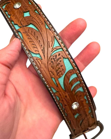 Vintage South Western style fancy floral brown & turquoise design crystal buckle