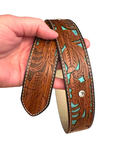 Vintage South Western style fancy floral brown & turquoise design crystal buckle