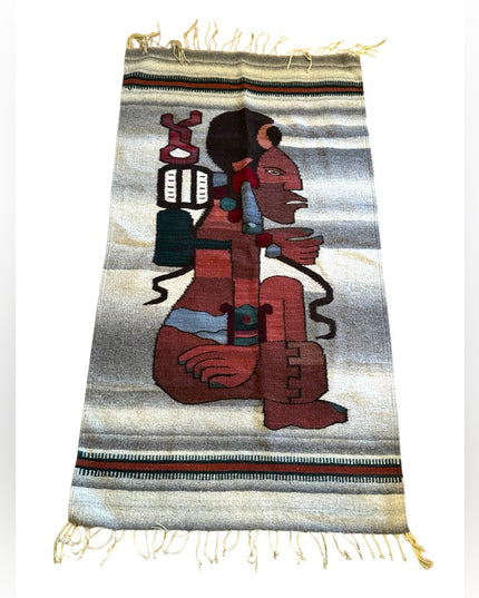 Vintage 1950s Handwoven Aztec Mayan Tapestry Carpet fringe Mexico