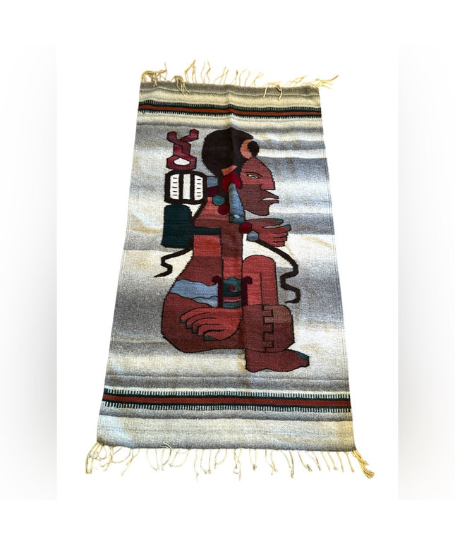 Vintage 1950s Handwoven Aztec Mayan Tapestry Carpet fringe Mexico