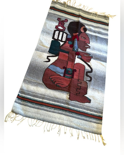 Vintage 1950s Handwoven Aztec Mayan Tapestry Carpet fringe Mexico