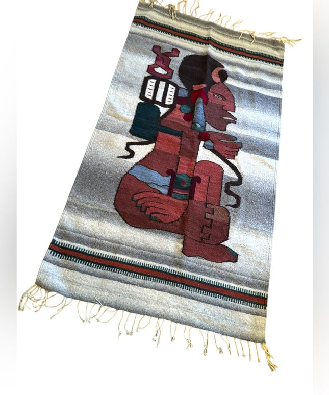 Vintage 1950s Handwoven Aztec Mayan Tapestry Carpet fringe Mexico