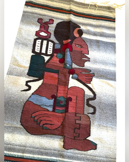 Vintage 1950s Handwoven Aztec Mayan Tapestry Carpet fringe Mexico