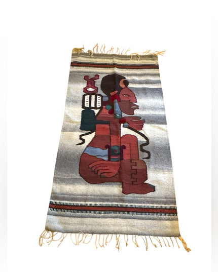 Vintage 1950s Handwoven Aztec Mayan Tapestry Carpet fringe Mexico