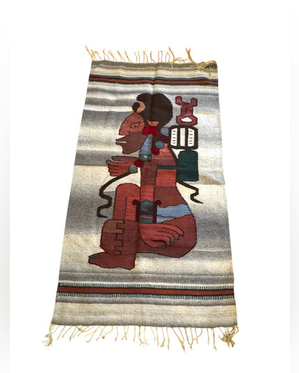 Vintage 1950s Handwoven Aztec Mayan Tapestry Carpet fringe Mexico