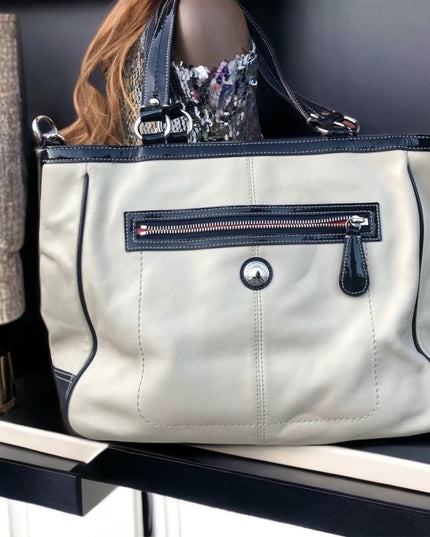 - F15887 Coach Cream navy blue Tote Laura VG! large bag purse